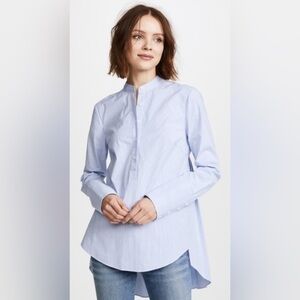 Veronica Beard Greer Pleated Back Stretch Cotton Shirt in Light Blue Striped 2